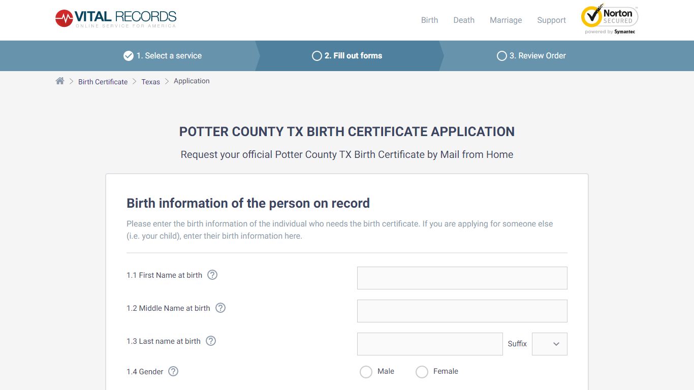 Potter County TX Birth Certificate Application - Vital Records Online