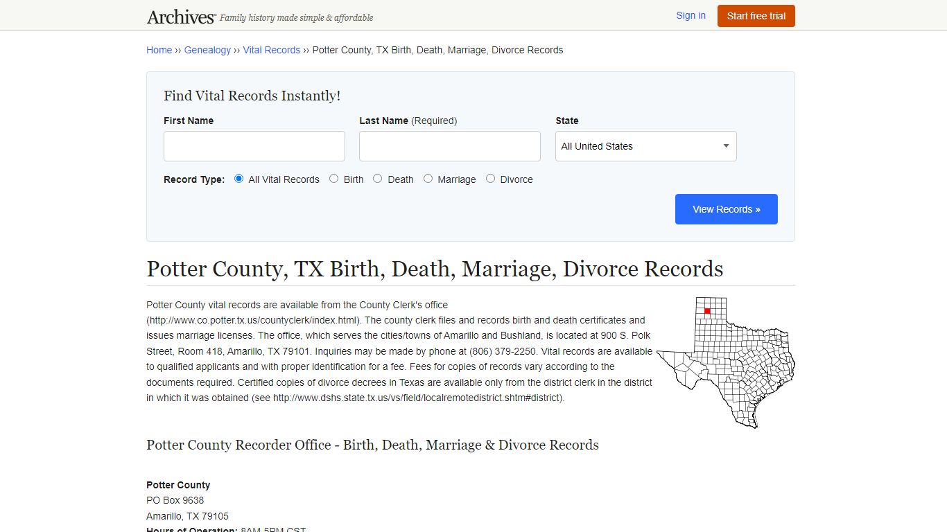 Potter County, TX Birth, Death, Marriage, Divorce Records - Archives.com