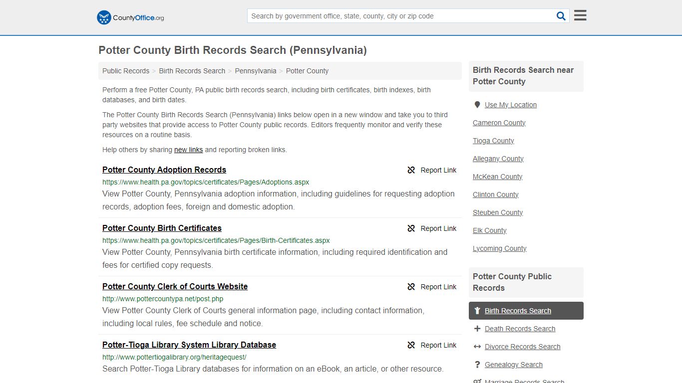 Potter County Birth Records Search (Pennsylvania)
