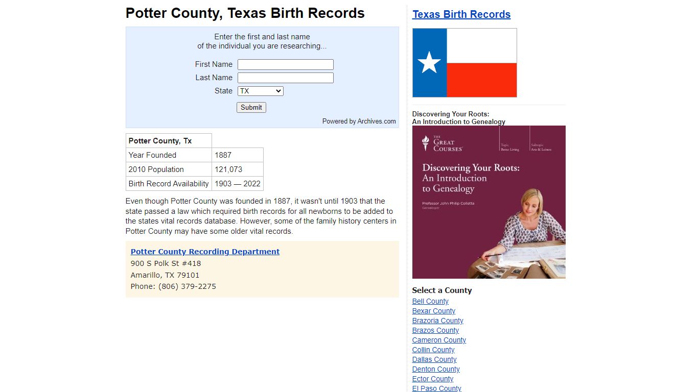 Potter County, Texas - Birth Records and Birth Certificates