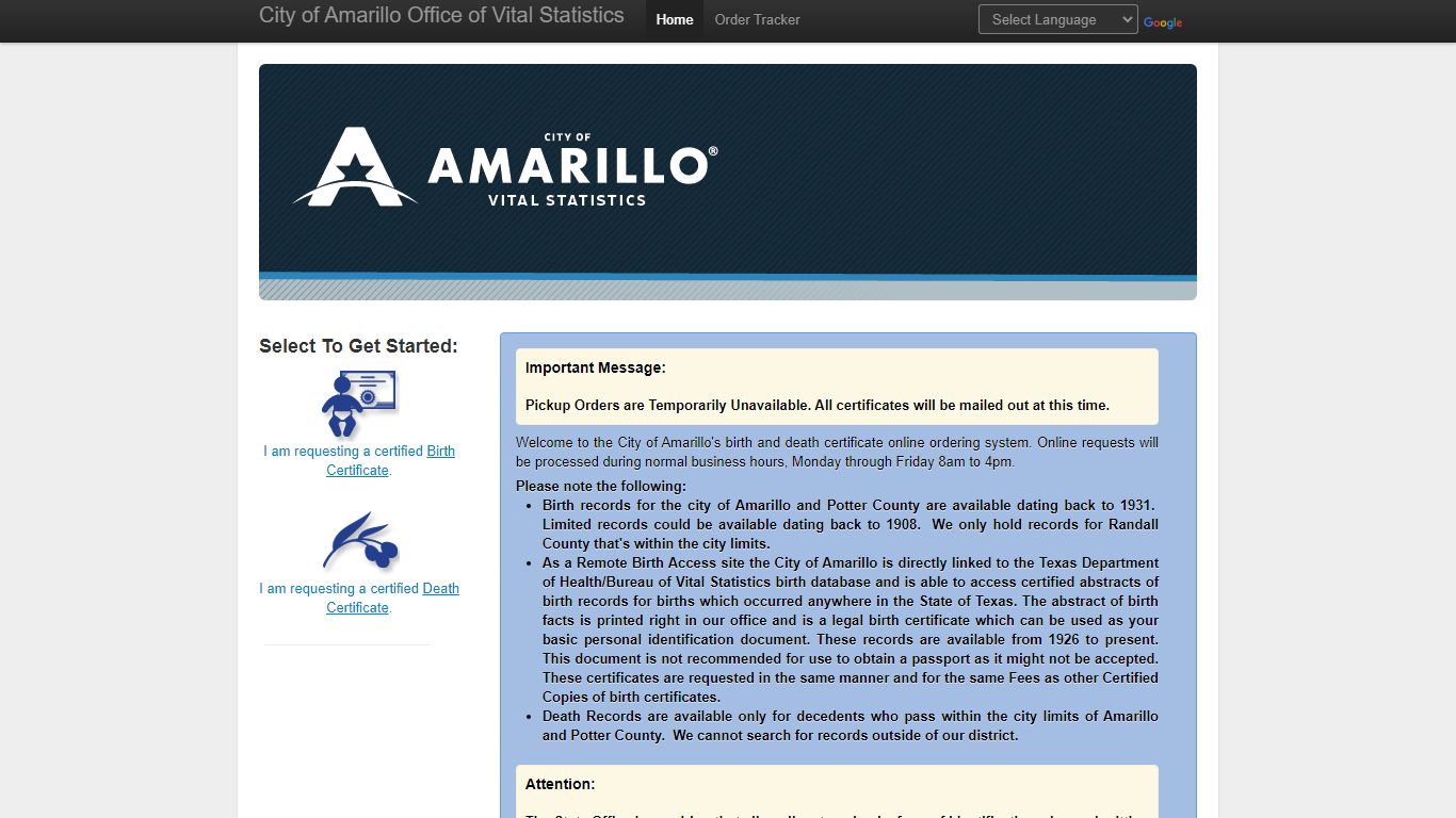 City of Amarillo Office of Vital Statistics Online Birth/Death ...